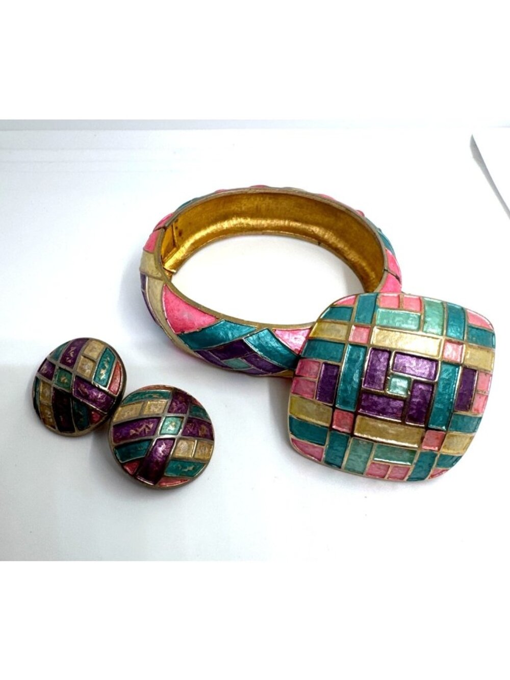 Vintage Kramer Mosaic Enamel Bracelet Earrings & Brooch Set Signed Box MCM 1980s